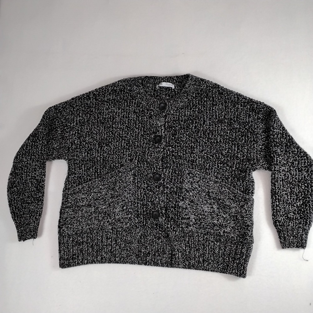ZARA Women’s Black White Marled Chunky Knit Button Cardigan Sweater Pockets M